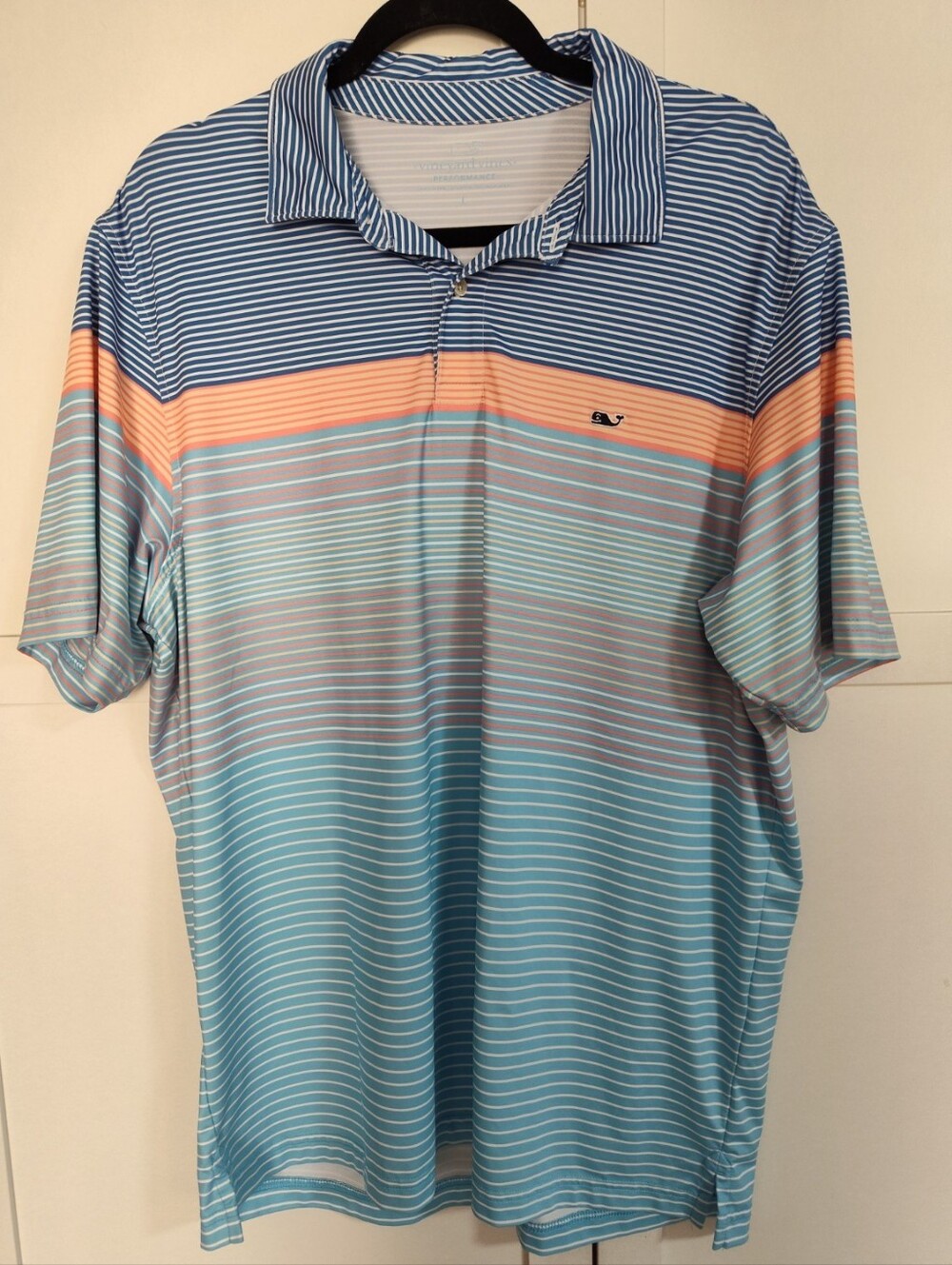 Vineyard Vines Men L Performance Polo Shirt Blue Coral Stripe Stretch Golf Sport